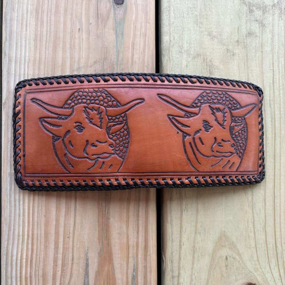 Vintage Bifold Leather Wallet Hand Tooled Western Cowboy Cow Cattle Whipstitch